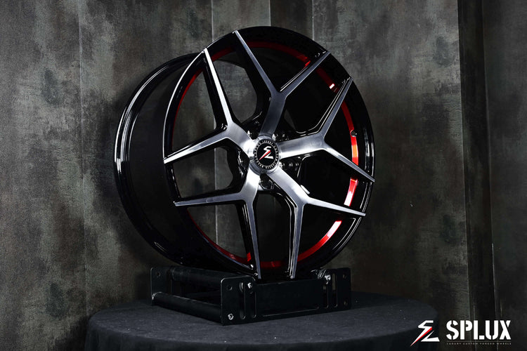 Splux SL-C21 21-inch wheels for 2023 Tesla Model S, custom forged 1-piece, lightweight, machined with black finish and red stripe, concave design.
