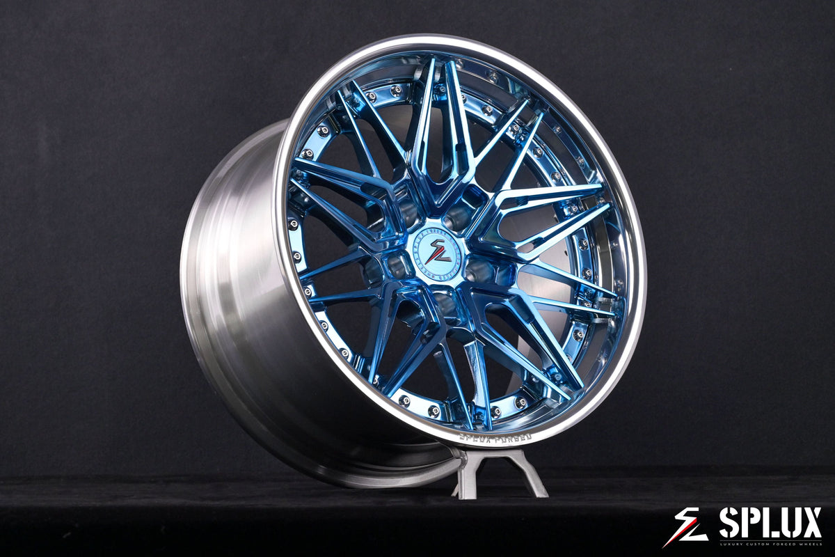 C3 Corvette 18 inch wheels: SC-02 forged 2-piece with polished light blue spokes and polished barrel