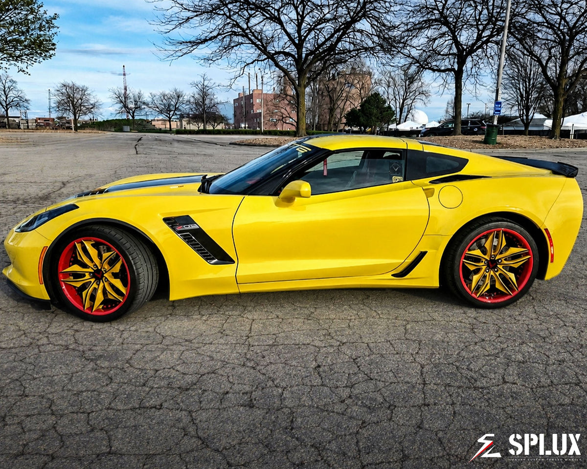 2017 Corvette C7 Z06 with custom wheels featuring SR-05 forged 2-piece wheels in yellow, black, and red finish