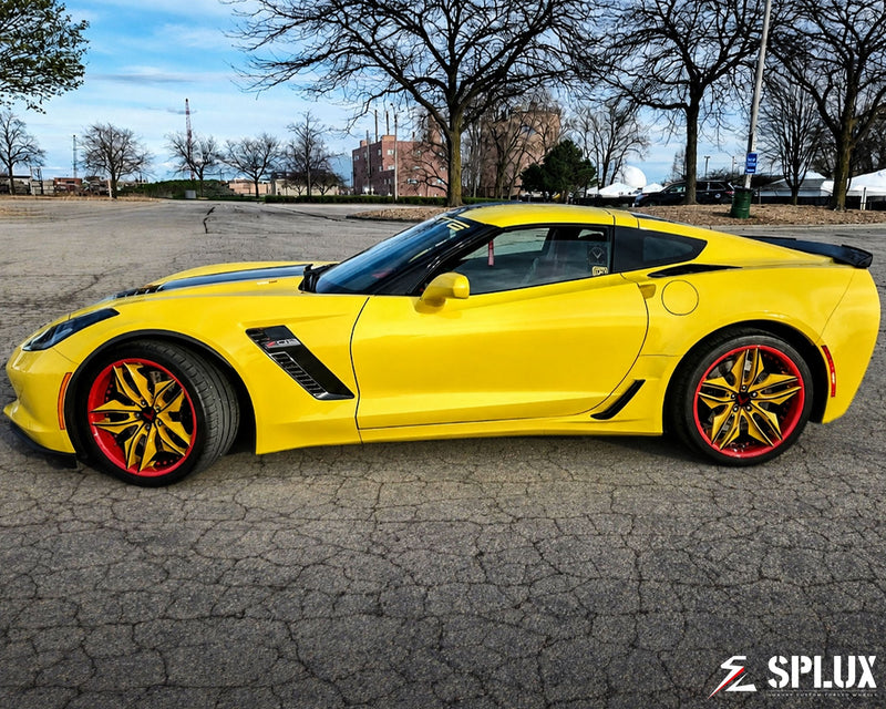 2017 Corvette C7 Z06 with custom wheels featuring SR-05 forged 2-piece wheels in yellow, black, and red finish