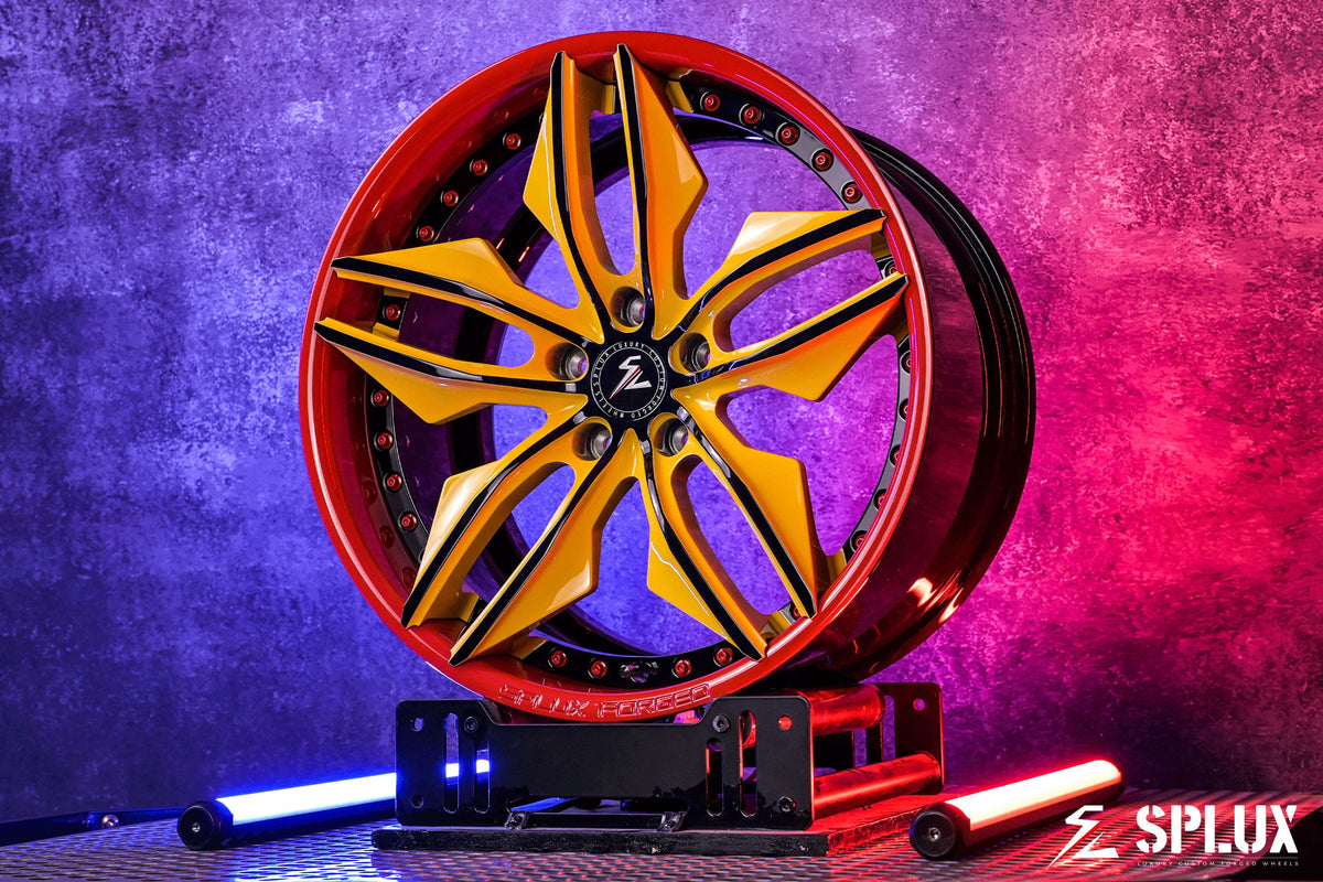 C7 Z06 rims on a 2017 Corvette C7 Z06 with SR-05 2-piece forged wheels, gloss black barrel, red lip, and yellow spokes