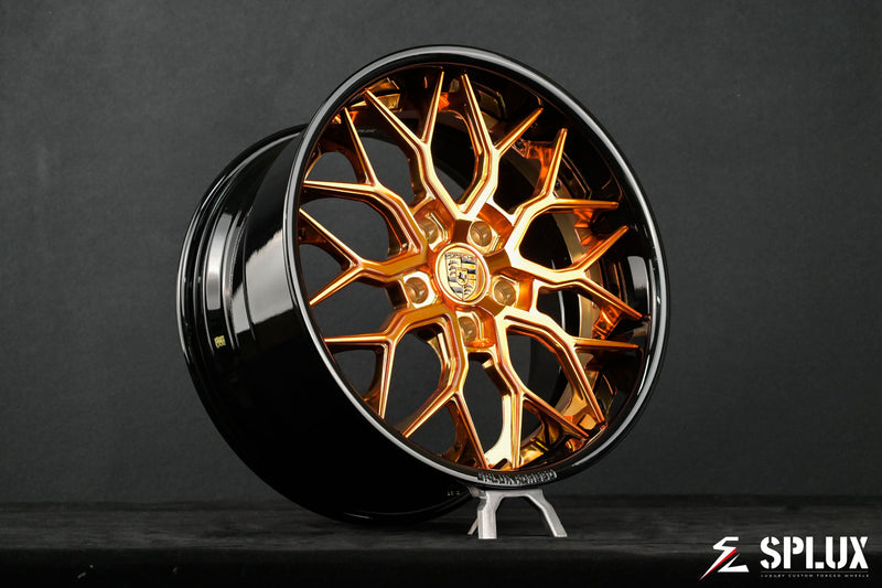 Custom Porsche Cayman wheels: SA-01 forged 2-piece in Piano Black and Polished Copper