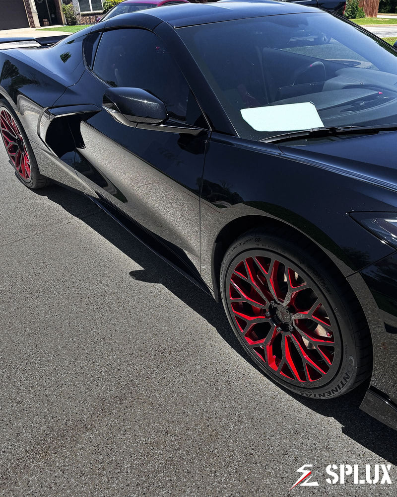 2021 Corvette C8 Stingray Z51 with black corvette with red rims, SC-14M forged wheels with piano black finish and crimson red accents