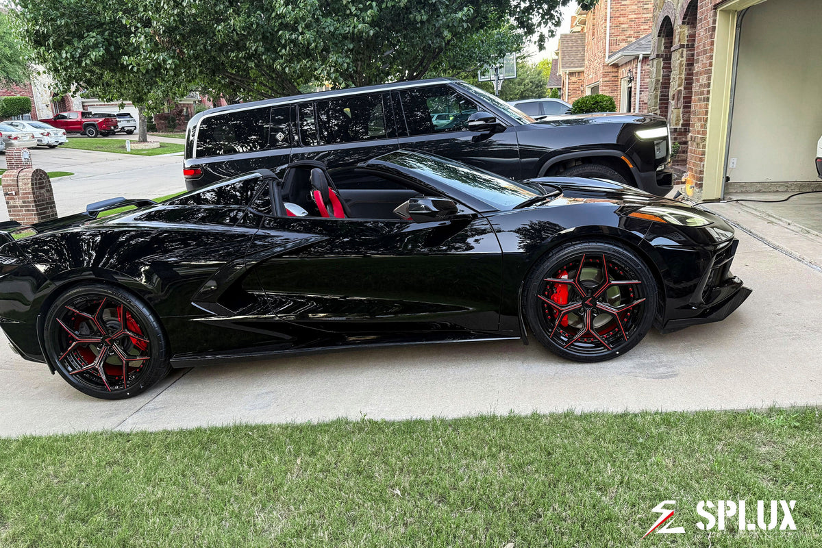 2021 Corvette C8 Z51 with aftermarket wheels c8 corvette featuring SL-C04 forged 2-piece wheels in piano black with red trim