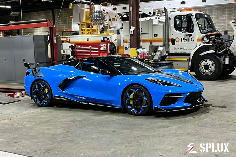 SC-07M forged wheels front three-quarter view on a Rapid Blue 2023 Corvette C8 Z51
