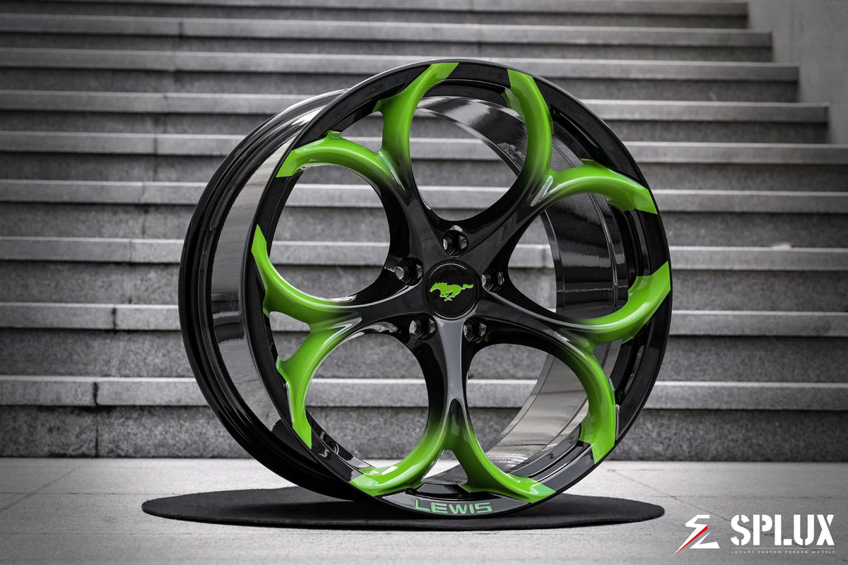 Custom ford mustang wheels on a 2025 Ford Mustang Dark Horse with neon green fading to piano black SC-07M forged wheels