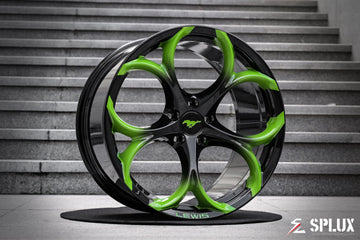 Custom ford mustang wheels on a 2025 Ford Mustang Dark Horse with neon green fading to piano black SC-07M forged wheels