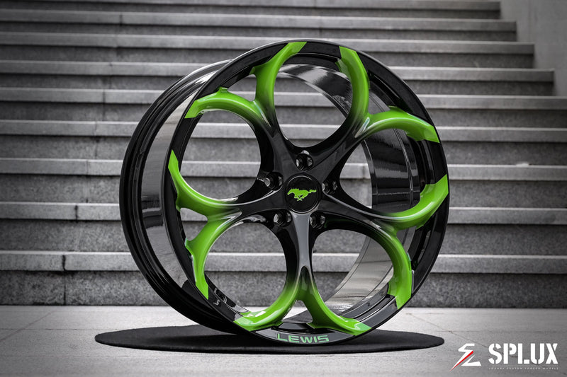 Custom ford mustang wheels on a 2025 Ford Mustang Dark Horse with neon green fading to piano black SC-07M forged wheels