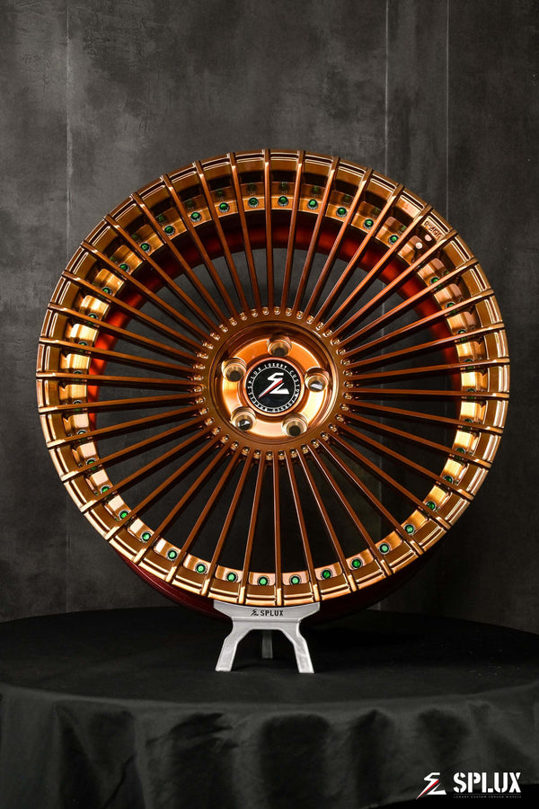 Splux SL-C22 custom forged 2-piece multi-spoke wheels for 2000 and 2007 Audi RS4, concave design with bronze and red finishes.