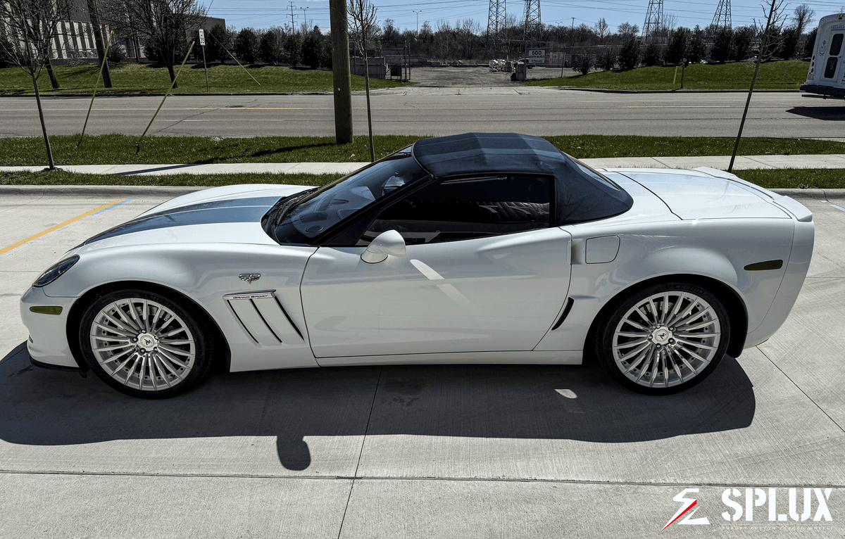 Corvette C6 60th Anniversary Grand Sport in Arctic White with Chrome Face SL-C24 Forged Wheels, showcasing super concave design.