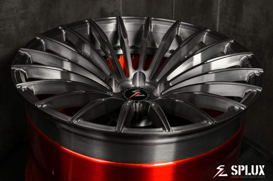 Splux SL-C24 20-inch custom forged 2-piece red wheels and tires for 2014 BMW 228i. Black and red concave aftermarket design.