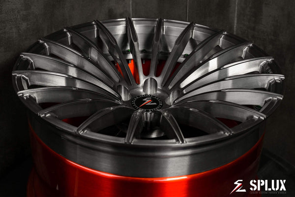 Splux SL-C24 20-inch custom forged 2-piece red wheels and tires for 2014 BMW 228i. Black and red concave aftermarket design.