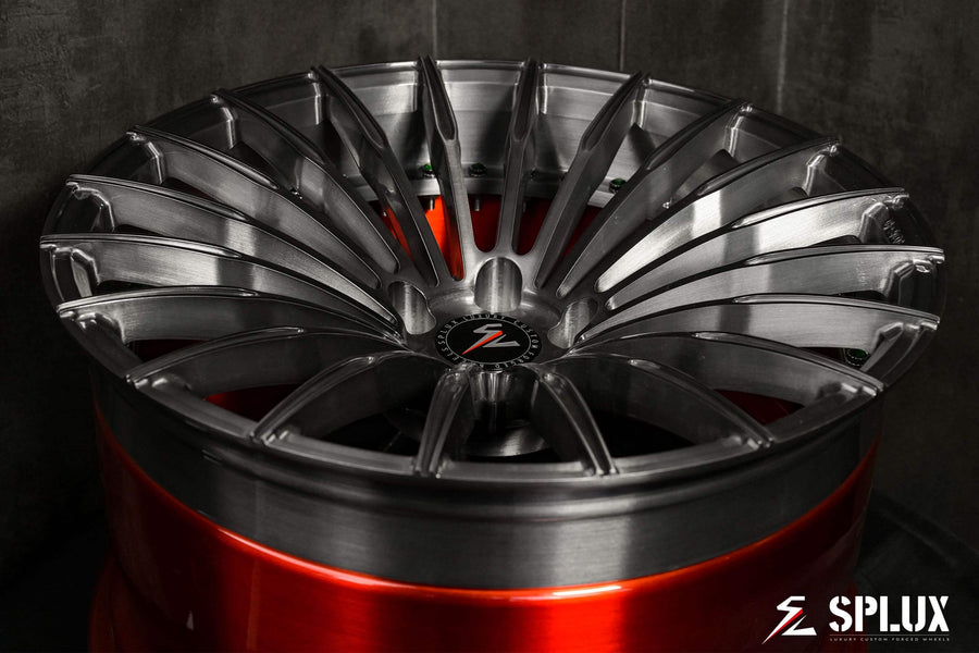 Splux SL-C24 20-inch custom forged 2-piece red wheels and tires for 2014 BMW 228i. Black and red concave aftermarket design.