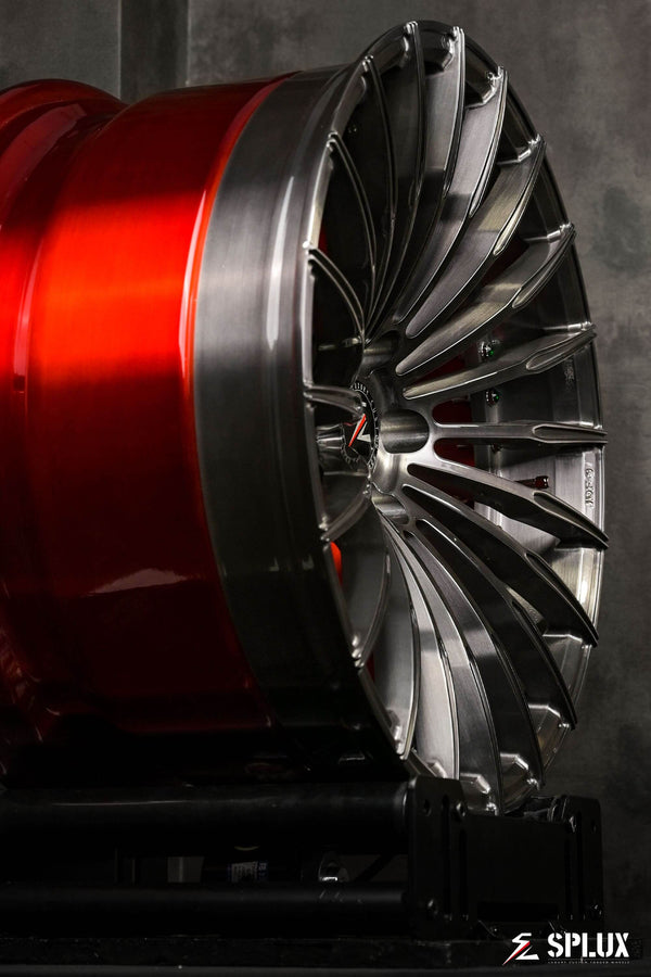 Splux SL-C24 20-inch custom forged 2-piece rims for 2014 BMW 228i. Black and red concave design, perfect aftermarket upgrade.