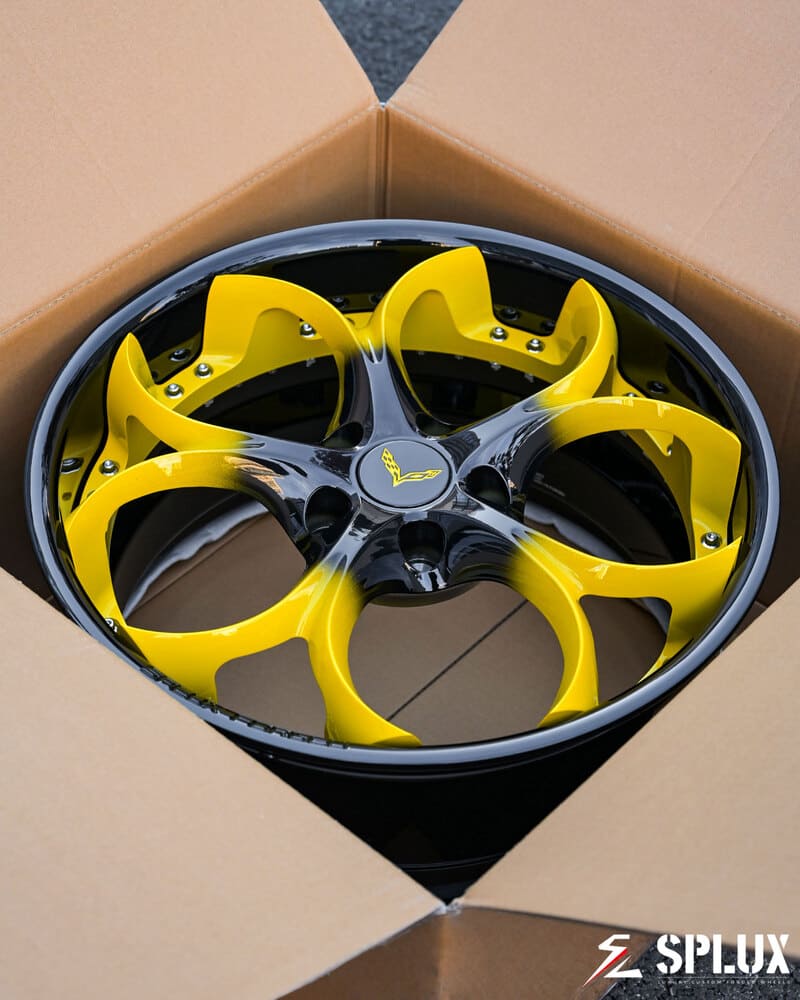Side view of Velocity Yellow C7 Corvette with custom SD-03 2-piece forged wheels 19x10.