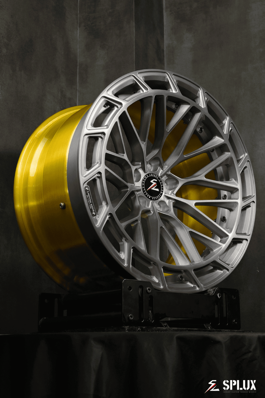 Splux SL-C12 custom forged 2-piece silver and gold concave aftermarket rims for 2015 BMW M3 wagon, adding a luxury touch