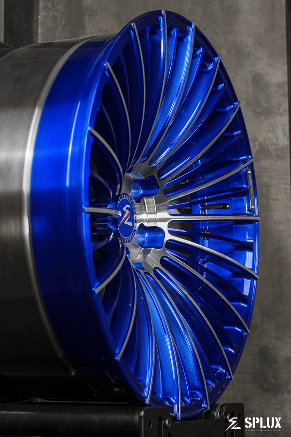 Splux SL-C19 custom forged 2-piece blue and silver 20inch concave aftermarket wheels for 2015 BMW M4.