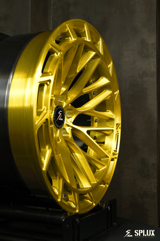 2015 E60 M5 wheels by Splux, 20-inch, concave design in gold and black, custom forged 2-piece aftermarket rims for BMW.
