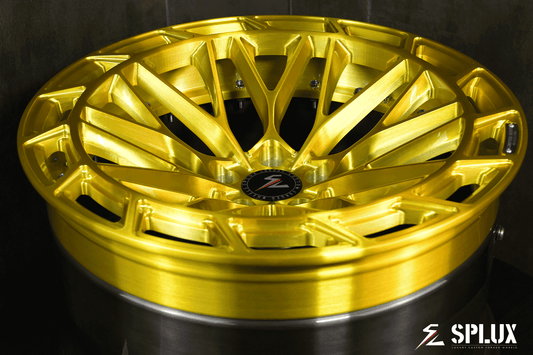 2015 M5 rims, 20-inch, concave gold and black, custom forged 2-piece aftermarket rims by Splux for BMW.