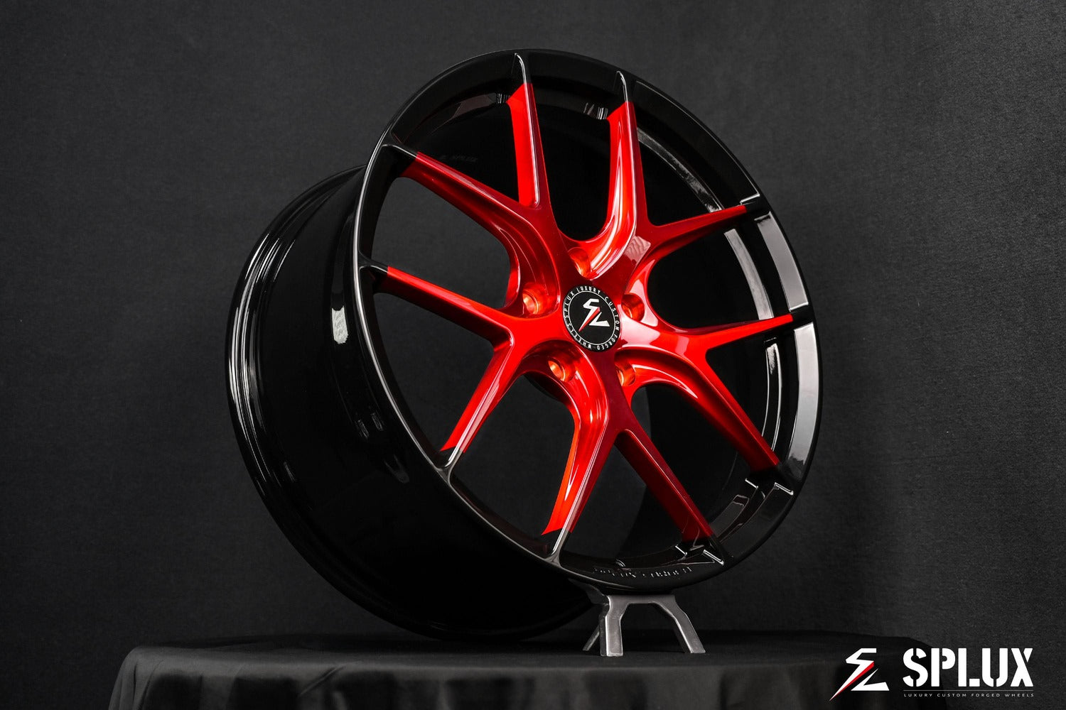 Front angle of SL-04 19x8.5 forged Y-spoke red wheels on 2017 Corvette C7 Z51 – design your own wheels