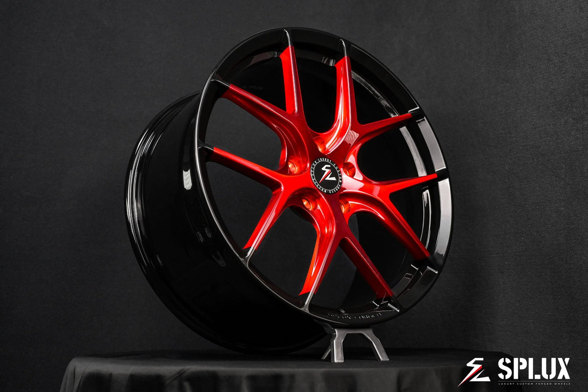 Front angle of SL-04 19x8.5 forged Y-spoke red wheels on 2017 Corvette C7 Z51 – design your own wheels