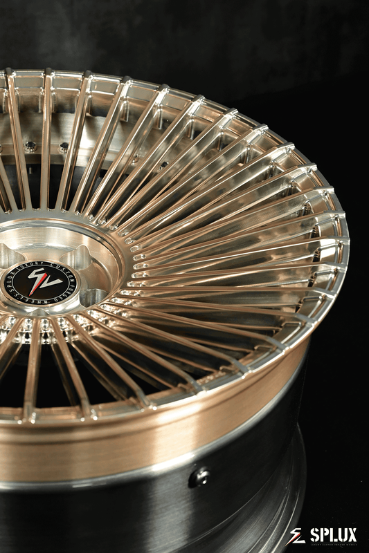 Splux SL-C21 20" custom forged 2-piece wheels for 2017 Porsche Macan, luxury concave multi-spoke design in gold and black.