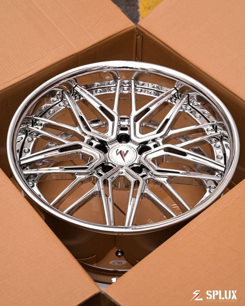 Side profile of custom SD-01 forged chrome wheels on Dodge Challenger R/T Plus 2020