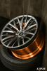 Splux SL-C22 2023 BMW M3 rims, 20inch concave custom forged 2-piece designs, with grey, gunmetal, and bronze aftermarket finishes.
