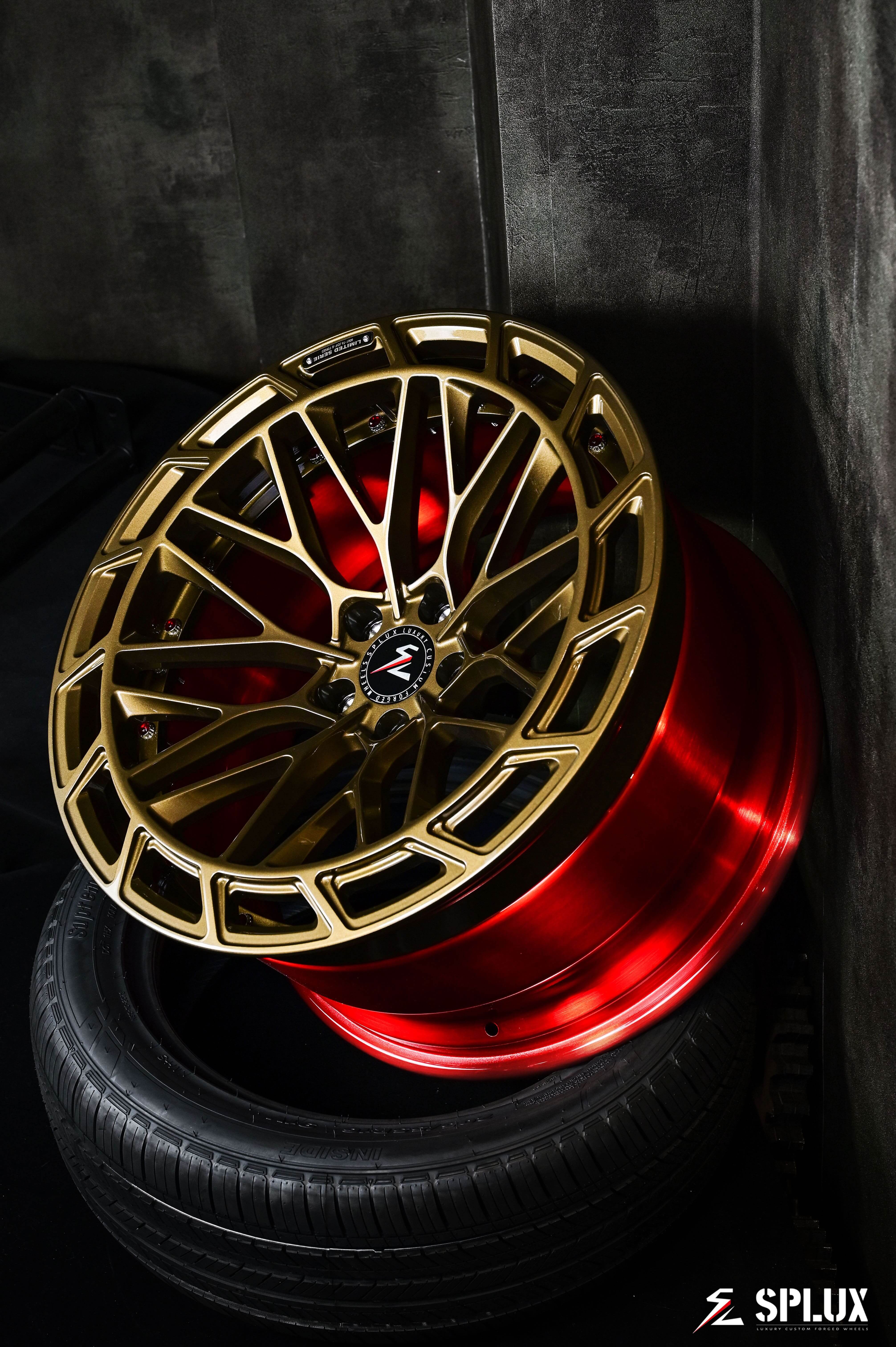 BMW m3 e46 competition wheels by Splux SL-C12 custom forged 2-piece concave, luxury bronze and red, 20-inch aftermarket rims.