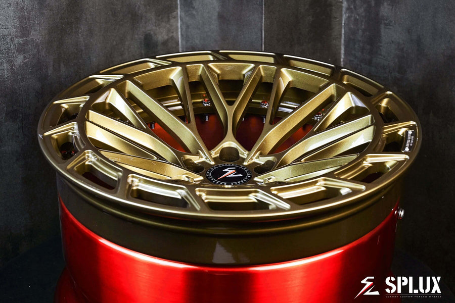 Splux SL-C12 custom BMW M3 forged 2-piece concave rims for G20, luxury bronze and red finish, 20-inch aftermarket wheels.