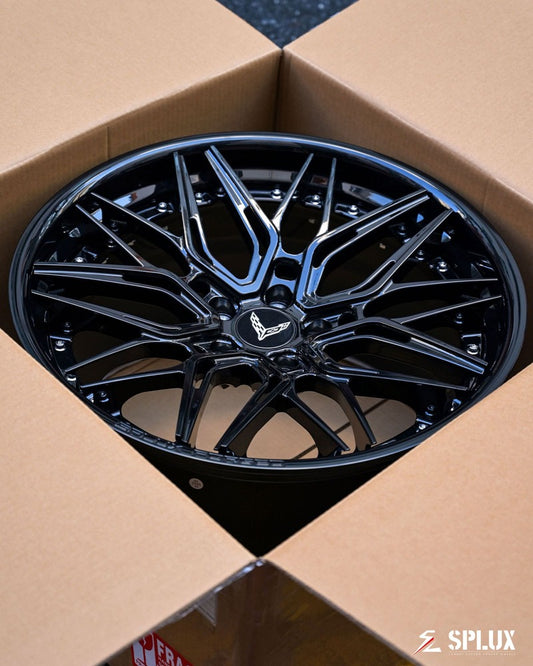 Rear shot of black Corvette Convertible featuring SC-02 21x12 forged concave wheels custom made