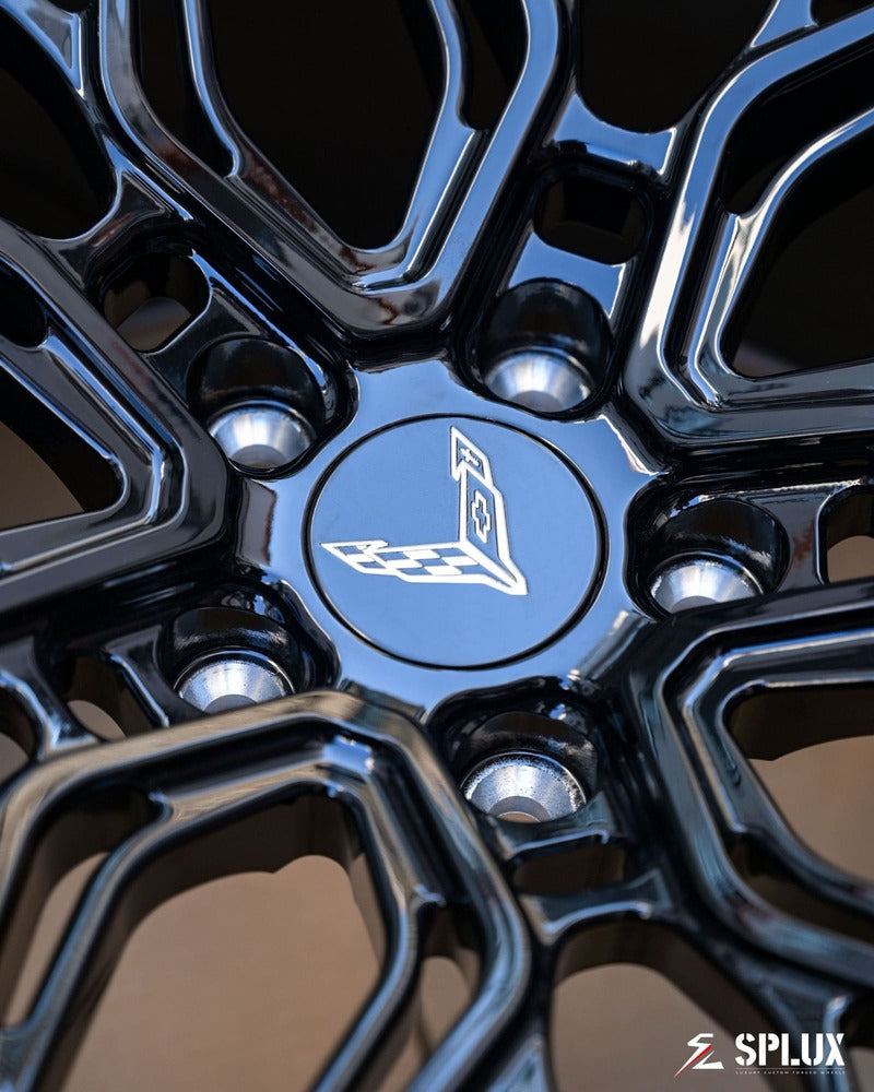 Detail close-up of black Corvette Convertible forged wheels SC-02 custom finish