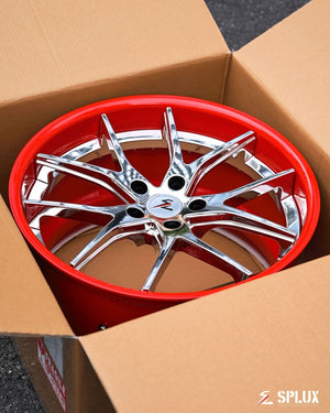 Rear angle showing 20x11 SC-04 chrome red forged wheels on 2025 Corvette C8