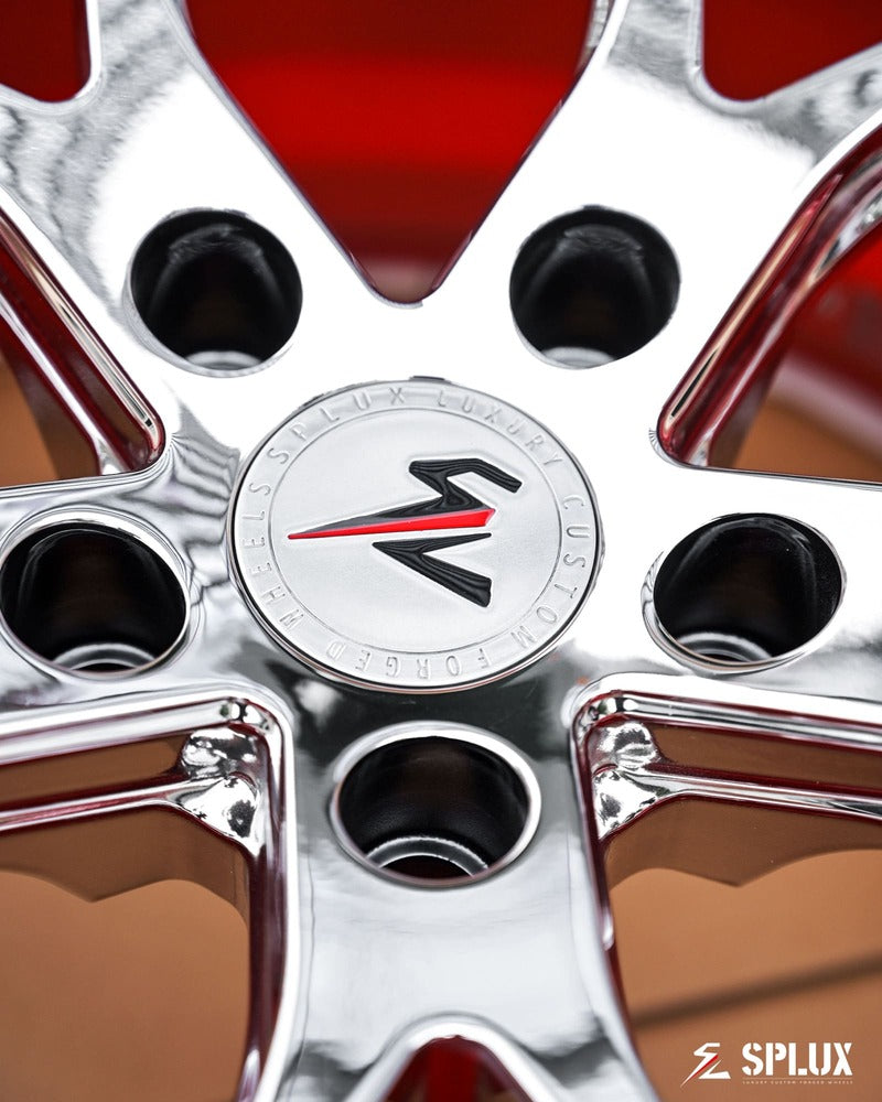 Close-up of SC-04 2-piece forged concave chrome wheels on red 2025 Corvette C8