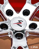 Close-up of SC-04 2-piece forged concave chrome wheels on red 2025 Corvette C8