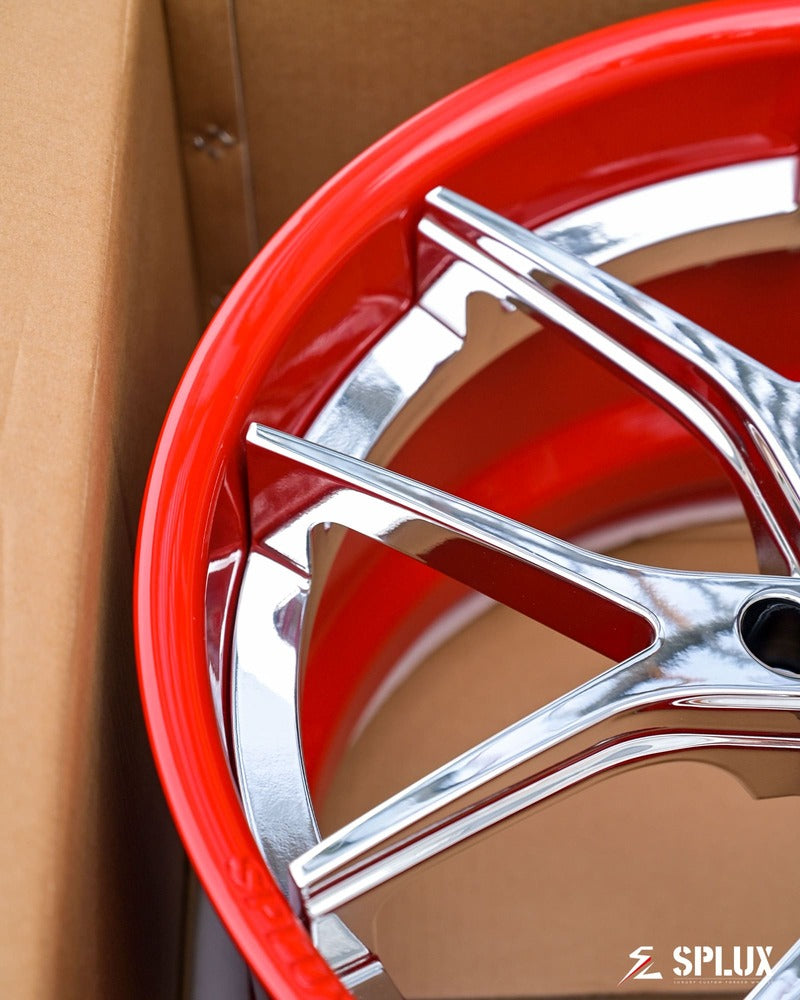 Side profile of chrome red C8 Corvette with SC-04 forged 19x8.5 / 20x11 wheels