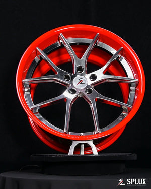 Aggressive fitment of 19x8.5 / 20x11 chrome red forged SC-04 wheels on Corvette C8