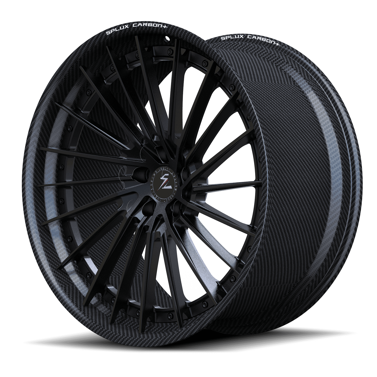 RCF-06 real carbon fiber forged matte black directional multi-spoke step lip wheels for Corvette C8 Z06 — face view