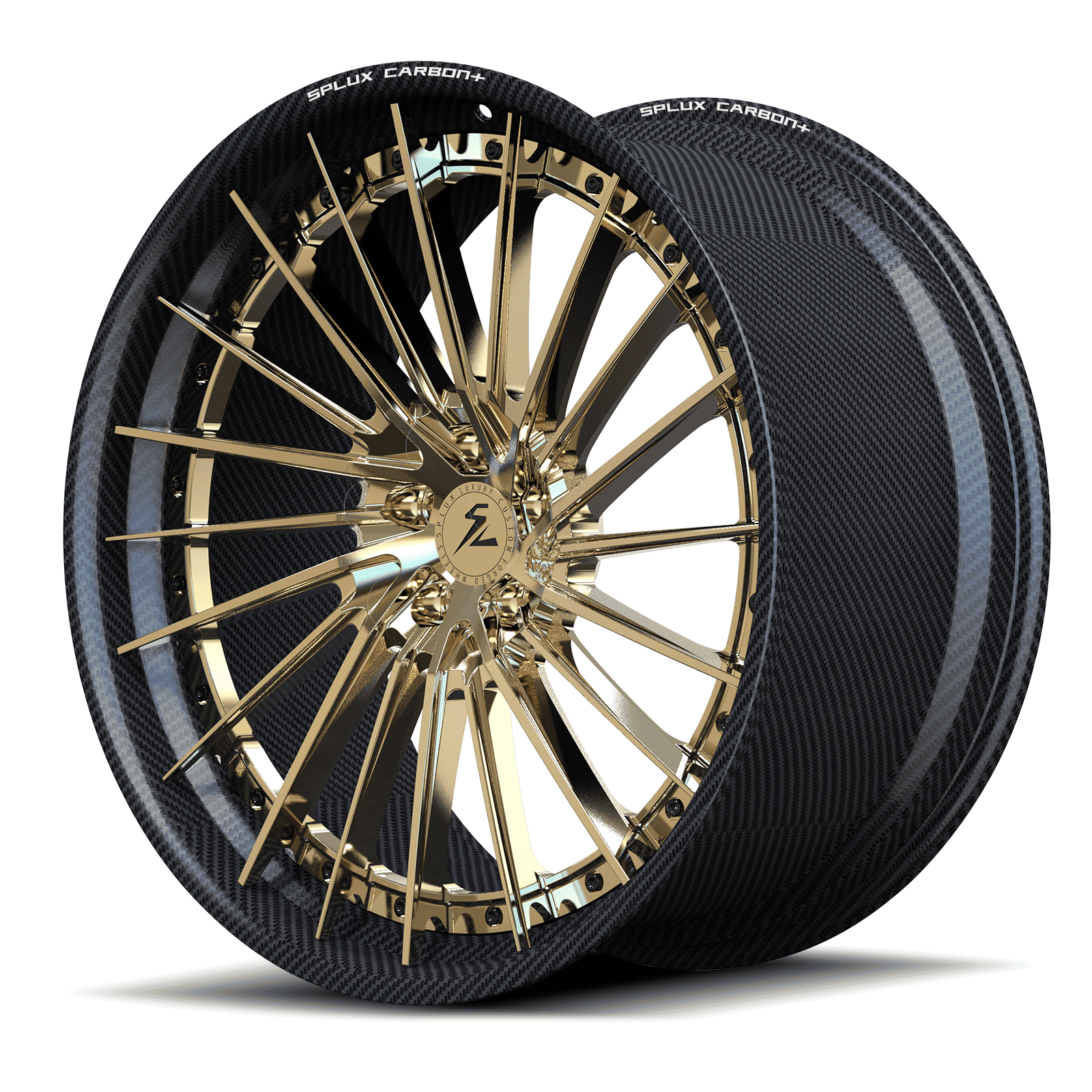 RCF-06 real carbon fiber forged polish frozen gold directional step lip rims for Corvette C8 Z06 — three-quarter view