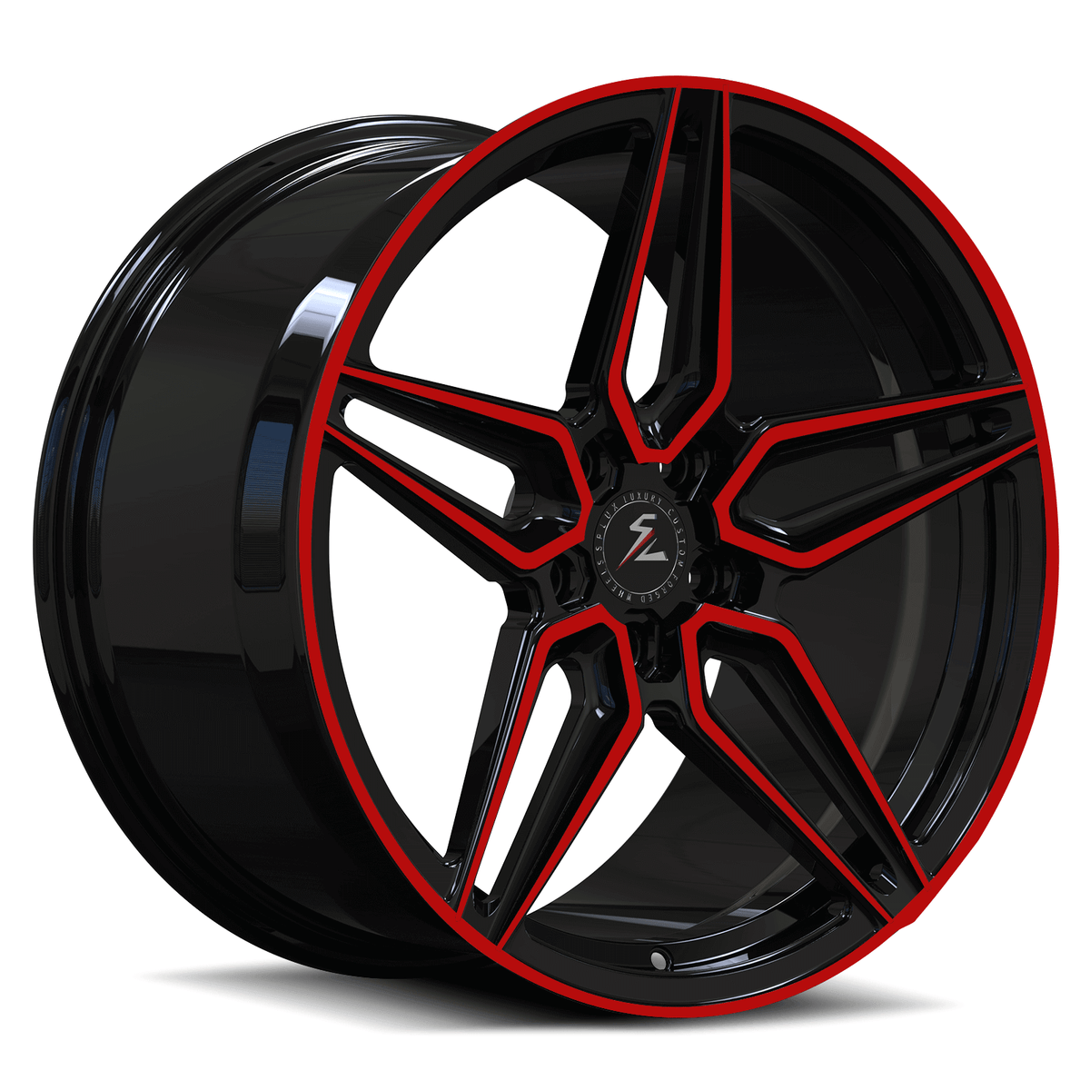 SA-01M 18-inch Tesla Model 3 5-spoke forged monoblock wheel in red and black finish.
