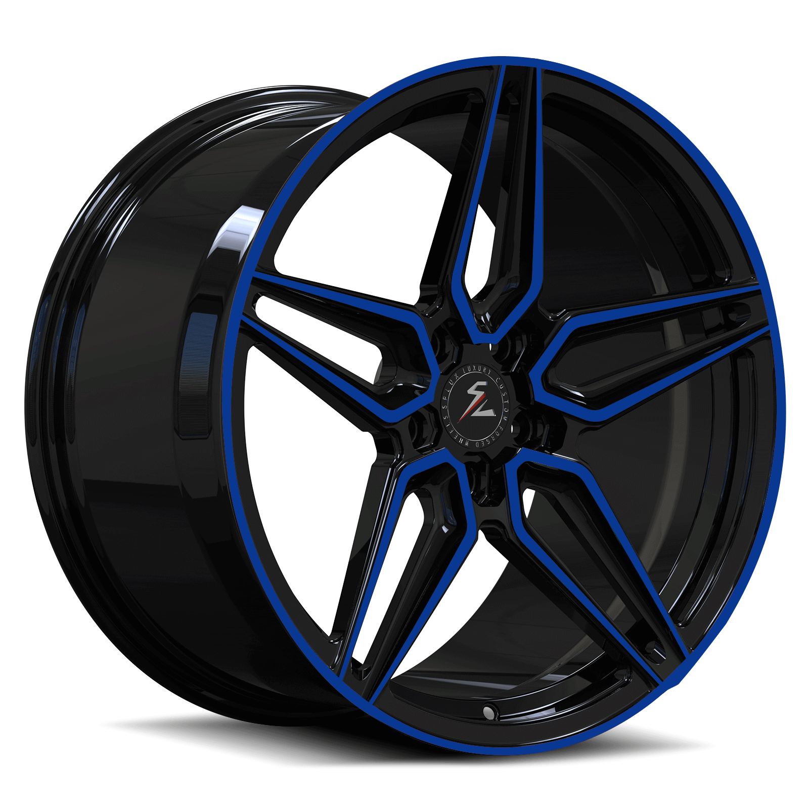 Splux SA-01M 20-inch Tesla 3 wheel options, custom forged monoblock with blue and black finish, super concave design.