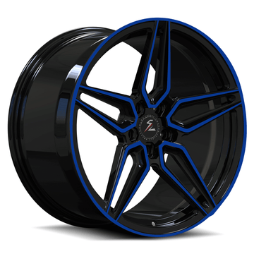 SA-01M 20-inch Tesla Model 3 5-spoke forged monoblock wheel in blue and black finish.