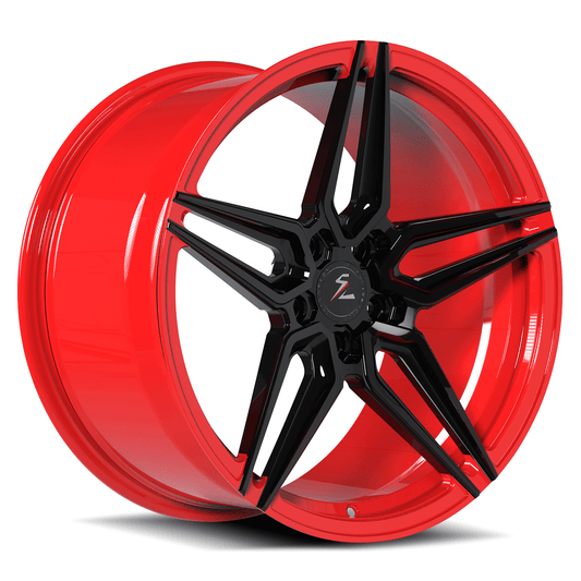 SA-01M 20-inch Model 3 5-spoke forged monoblock wheel in red and black finish.