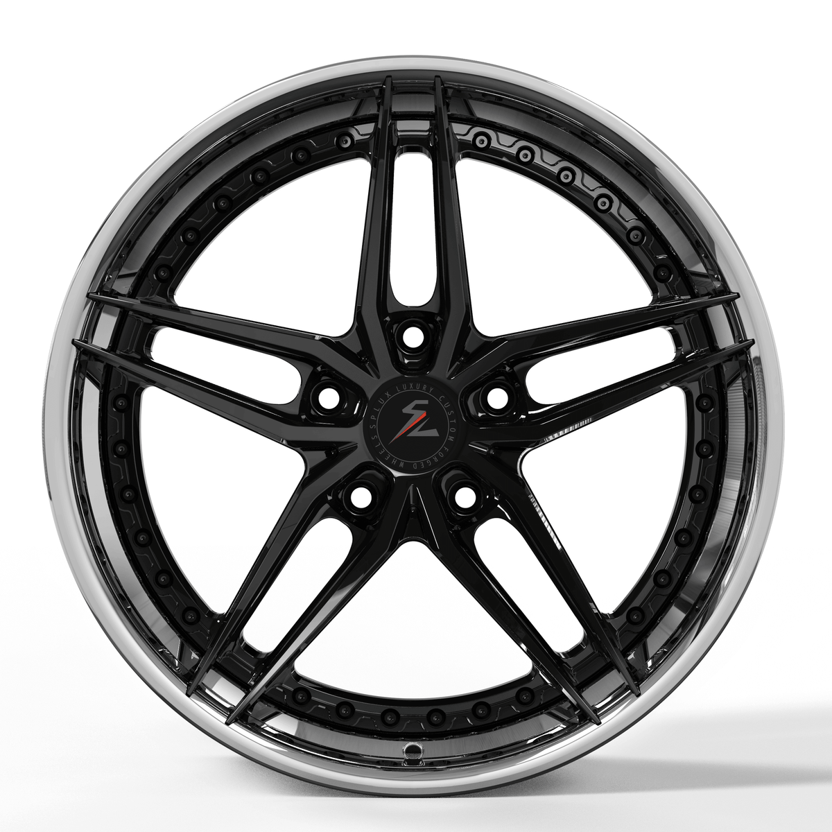 SA-01 5-spoke step lip forged wheels for Porsche custom fitment in chrome and black finish.