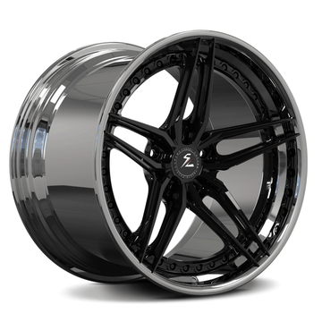 SA-01 luxury 2-piece forged wheels in custom black and chrome finish fitted for Cadillac CT6 front angle view