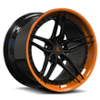 black 5 spoke wheels with amplify ornage lip. customized for corvette c8. deep concave design. 
