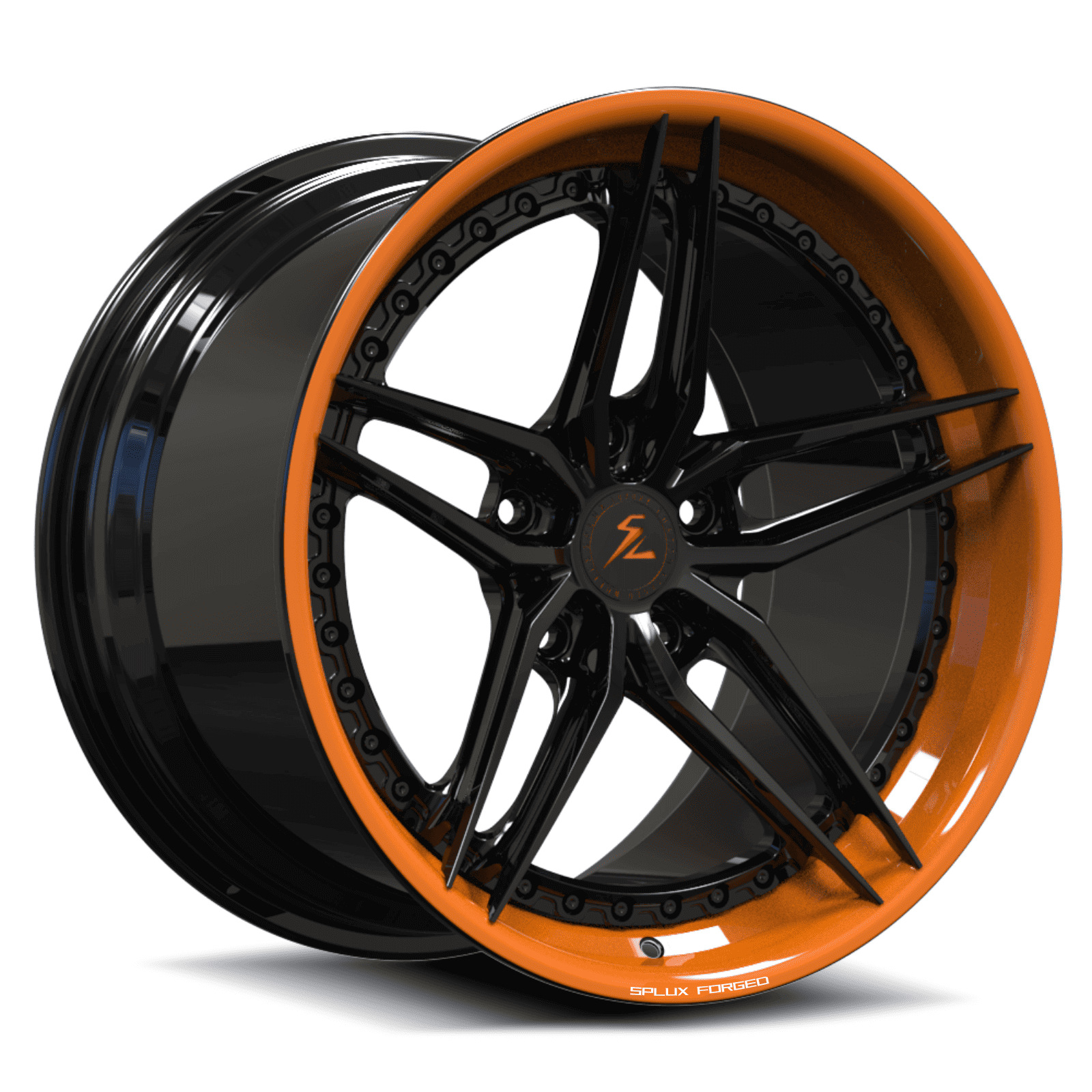 black 5 spoke wheels with amplify ornage lip. customized for corvette c8. deep concave design. 