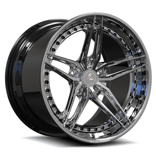 black 5 spoke wheels with amplify ornage lip. customized for corvette c8. deep concave design.