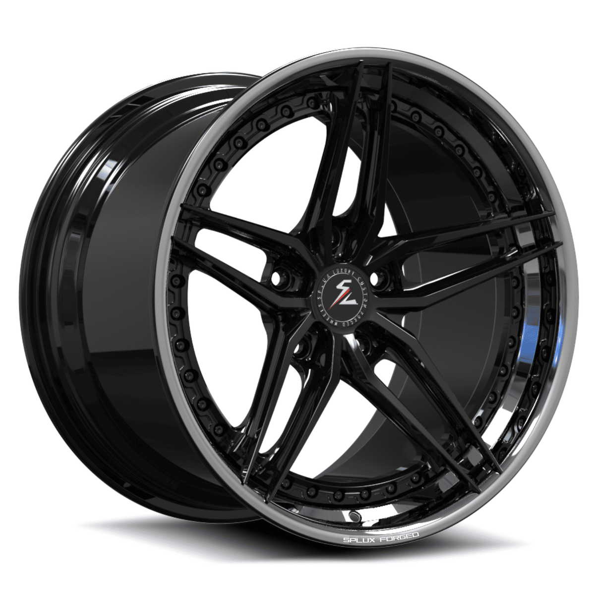 SA-01 five-spoke black wheels with polished chrome lip for custom Porsche step lip fitments.