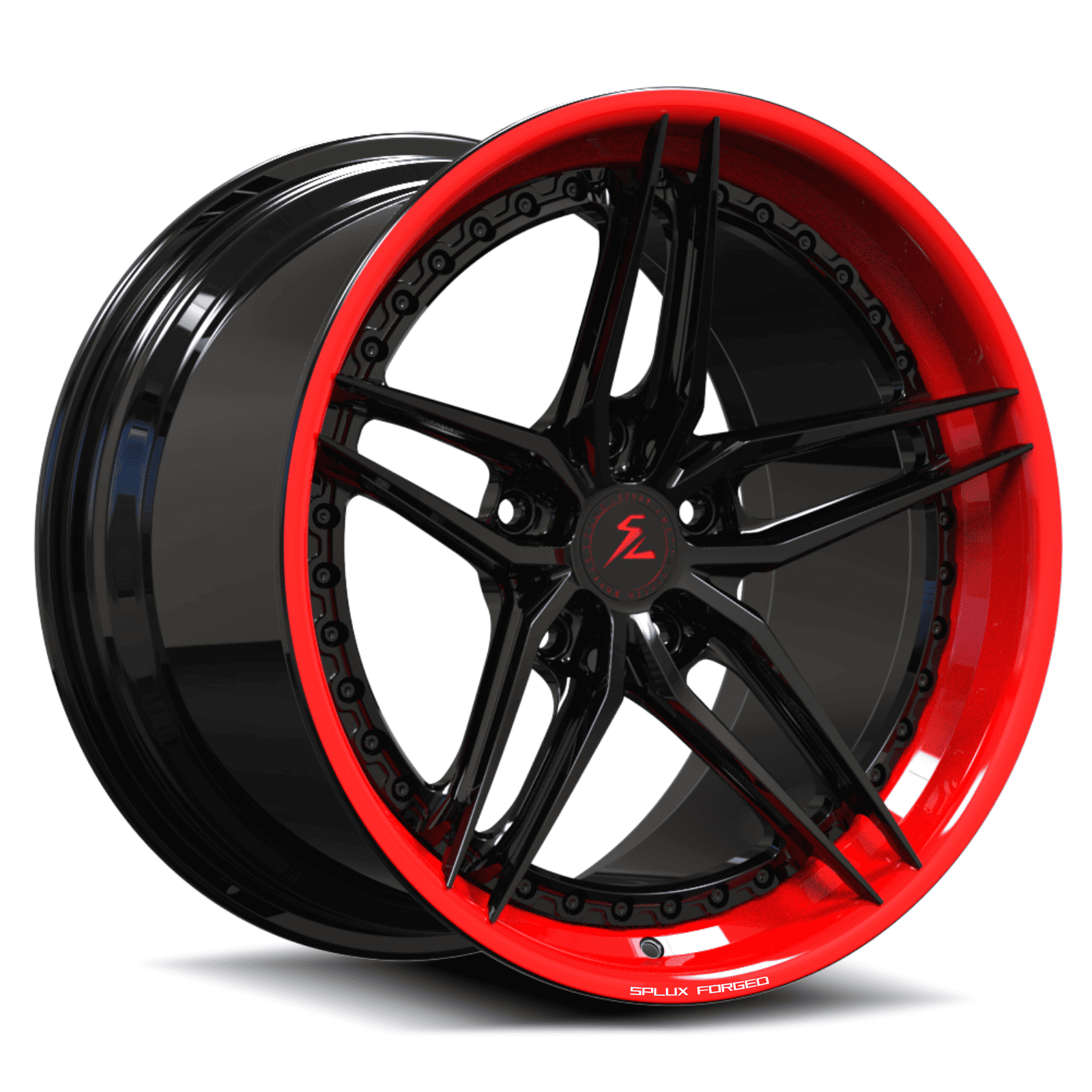 5 spoke muscle car rims with black and red lip.split 5 spoke design with fully forgd 2-piece wheels for 65 red mustang.